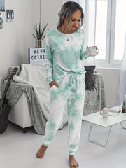 Tie Dye Print Lounge Set Long Sleeve Crew Neck Top & Pants