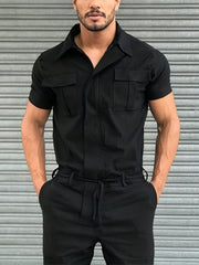 Men's Full Zip Overalls Streetwear Short Sleeve Jumpsuit