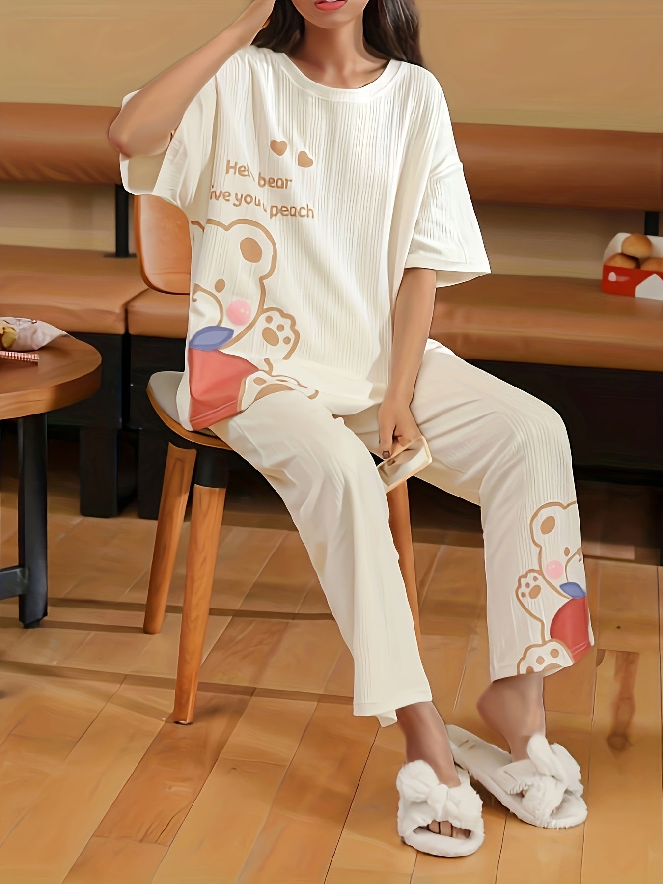 Bear Print Pajama Set Short Sleeve Top & Pants