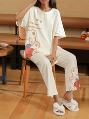 Bear Print Pajama Set Short Sleeve Top & Pants