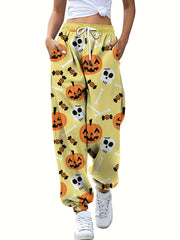 Pumpkin Print Halloween Drawstring Pants Women's Clothing