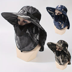 Camouflage Casual Bucket Hat With Mask Neck Flap Wide Brim UV Protection Sun Hat