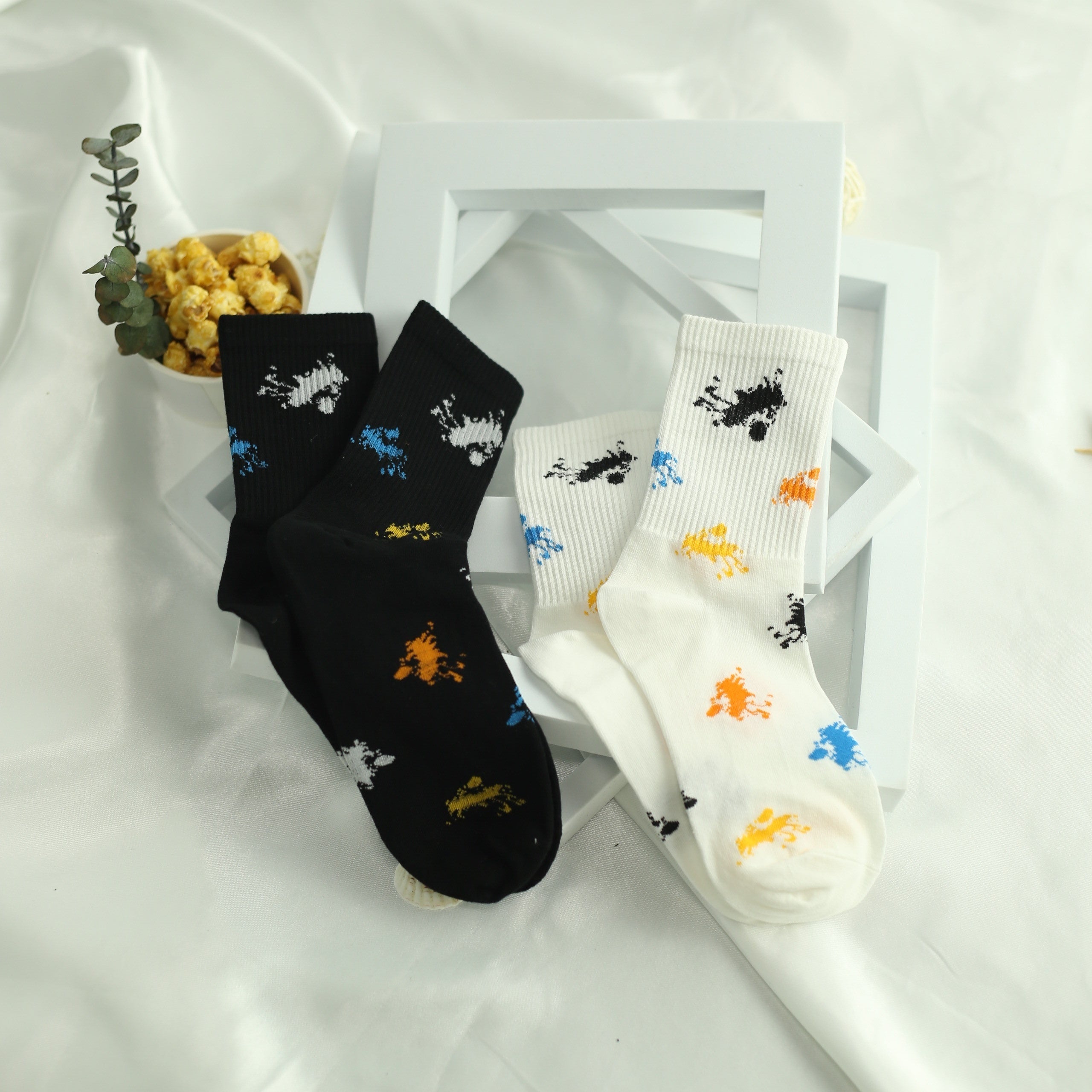 Men's Ink Pattern Crew Socks x2 Breathable Street Style Outdoor Wear