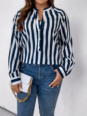 Stripe Print Button Up Lantern Sleeve Shirt Top