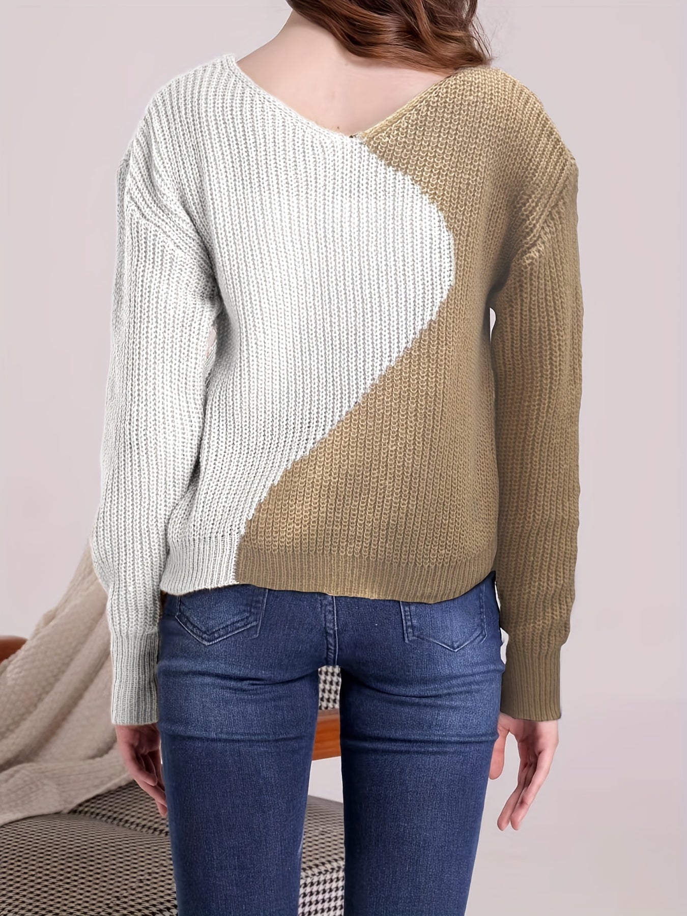 Drop Shoulder V-Neck Sweater Long Sleeve Casual