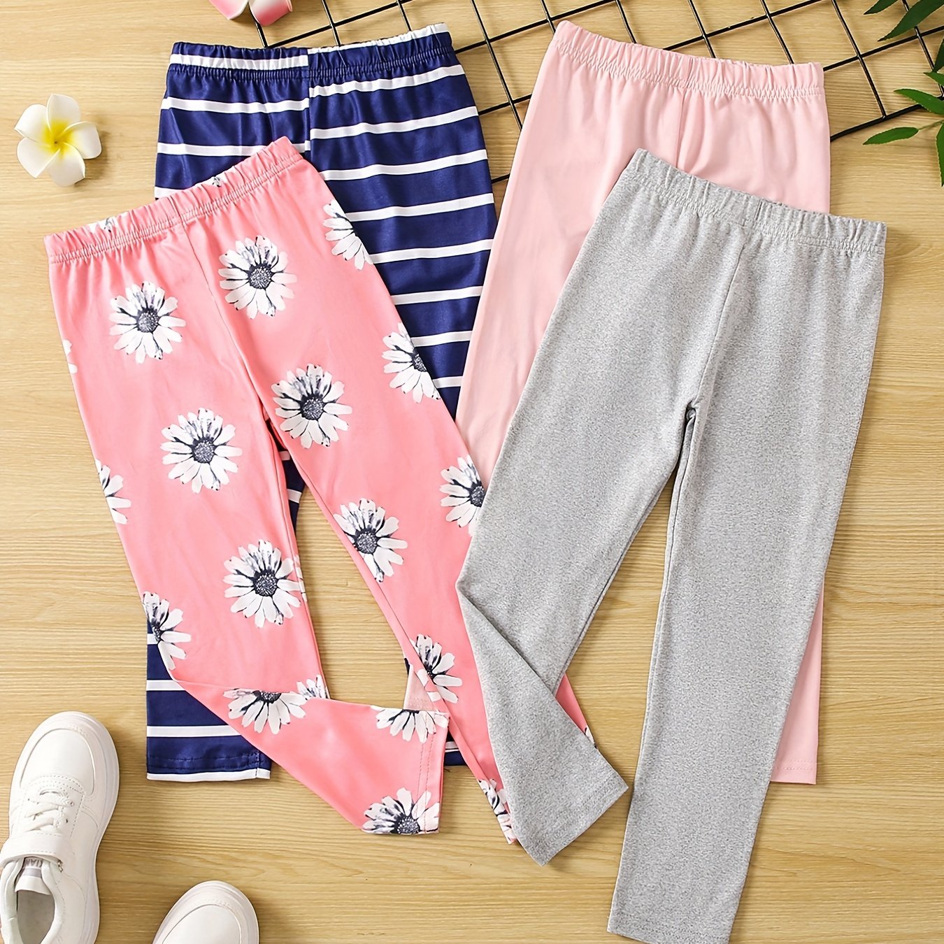 4pcs Girls Floral Striped Leggings Pants Casual & Stretch