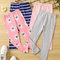 4pcs Girls Floral Striped Leggings Pants Casual & Stretch