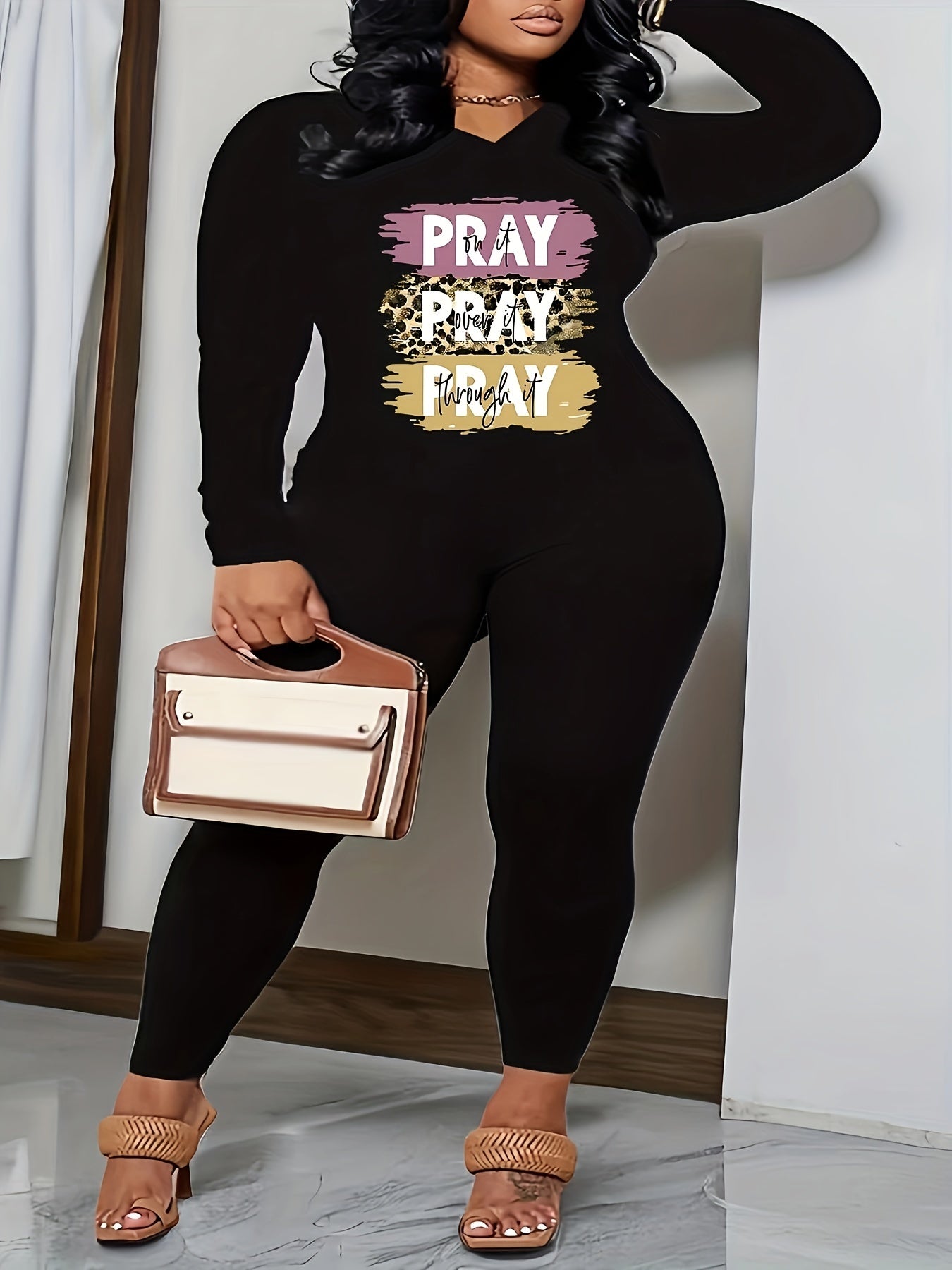 Women's Plus Skull & Slogan Print 2 Piece Set