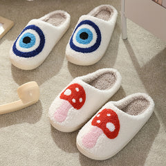 Women's Mushroom Print Fuzzy Slippers Closed Toe Warm Plush Shoes
