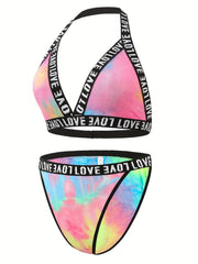 Tie Dye Letter Tape Bra & Panty Lingerie Set
