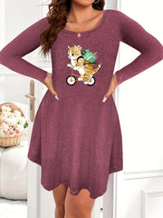 Casual Nightdress Women's Plus Cat Print Long Sleeve Sleep Dress