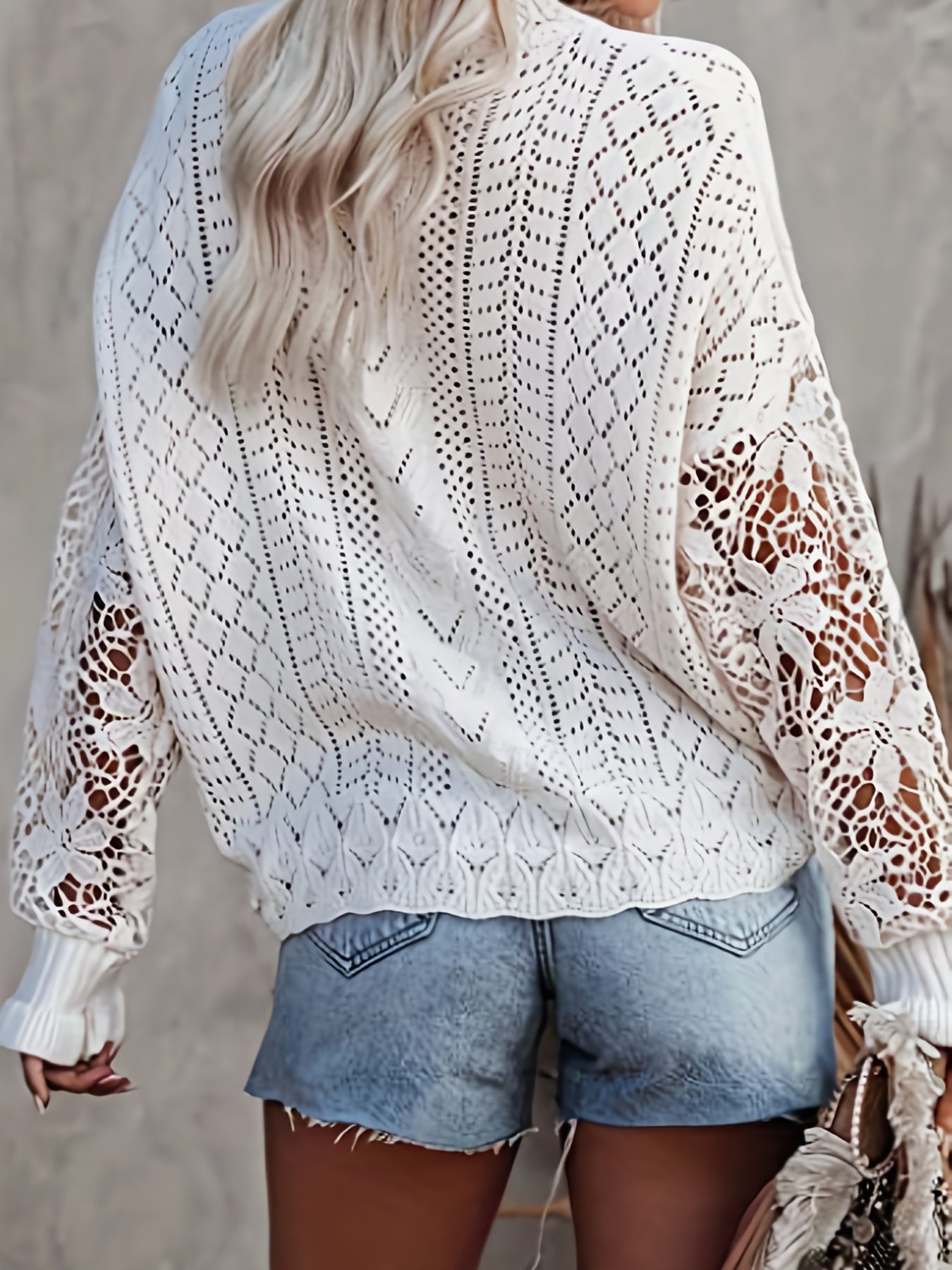 Contrast Lace Eyelet Knit Sweater Crew Neck Long Sleeve