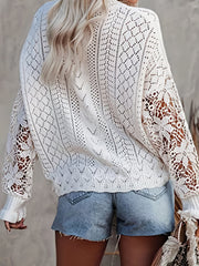 Contrast Lace Eyelet Knit Sweater Crew Neck Long Sleeve