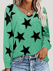 Star Print V Neck Sweatshirt Casual Long Sleeve Pullover for Spring & Fall