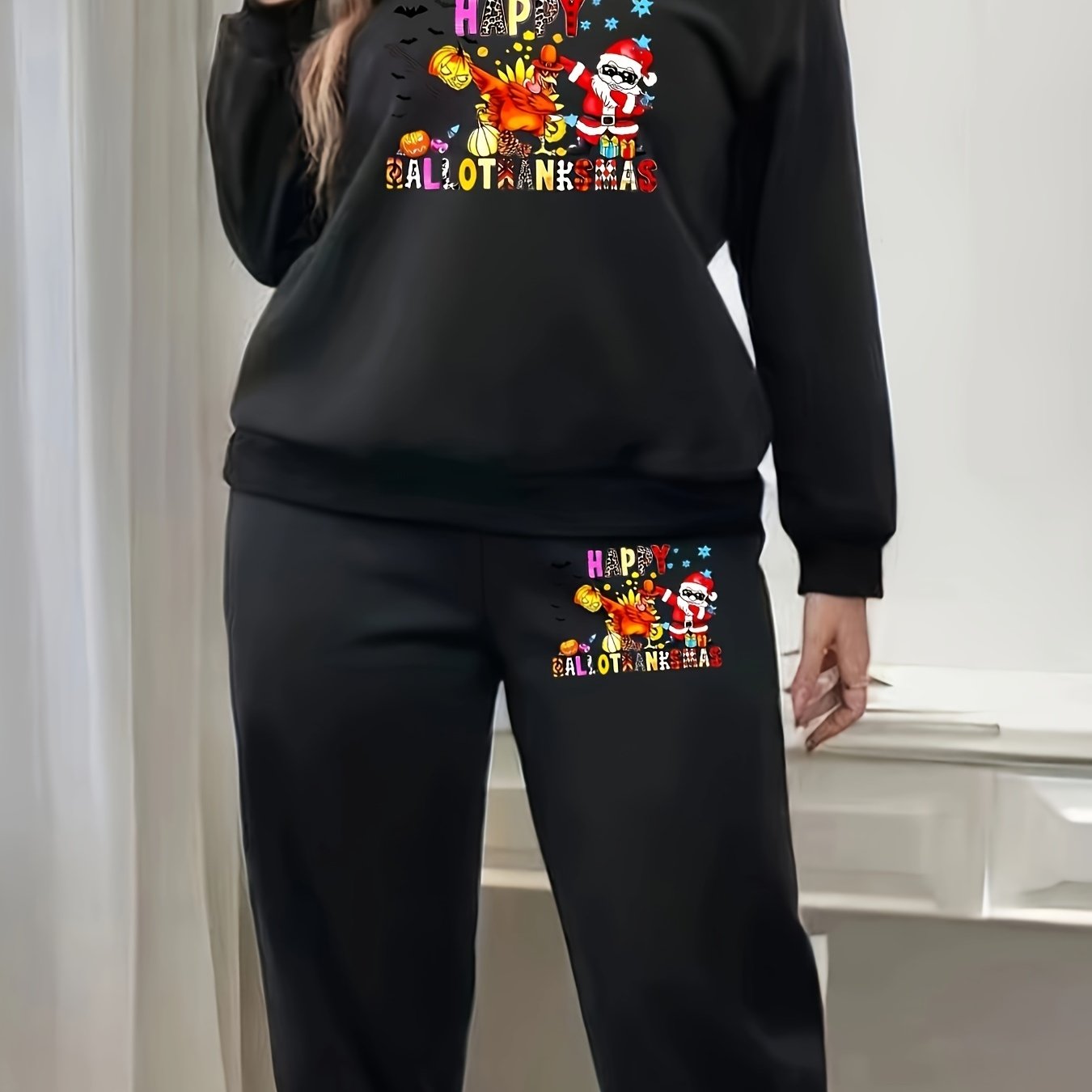 Women's Plus Santa Claus Graphic Top & Pants Outfit Set