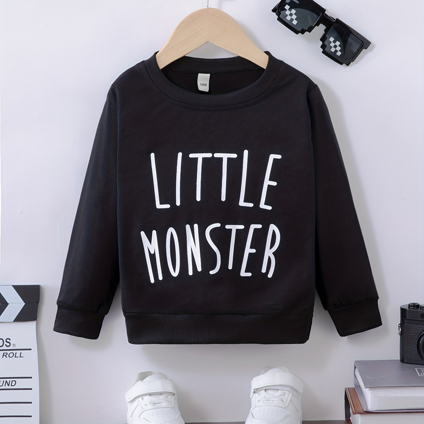 LITTLE MONSTER Letter Print Boys Casual Sweatshirt Long Sleeve Crew Neck Tops