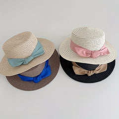 Kids Straw Hat Bowtie Decor Flat Beach Sun Hat