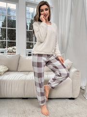 Plaid Fuzzy Lounge Set Crew Neck Top & Pants Women's Loungewear