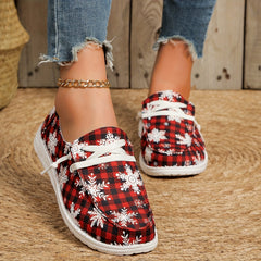 Women's Winter Snow Boots Snowflakes & Plaid Print Non Slip Lace up Shoes