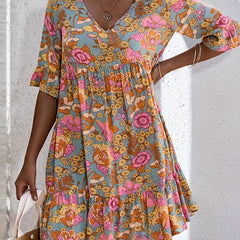 Floral Print Ruffle Trim V Neck Plus Size Boho Dress