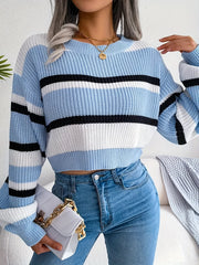 Striped Crop Sweater Long Sleeve Casual Fall Spring Women's Clothing
