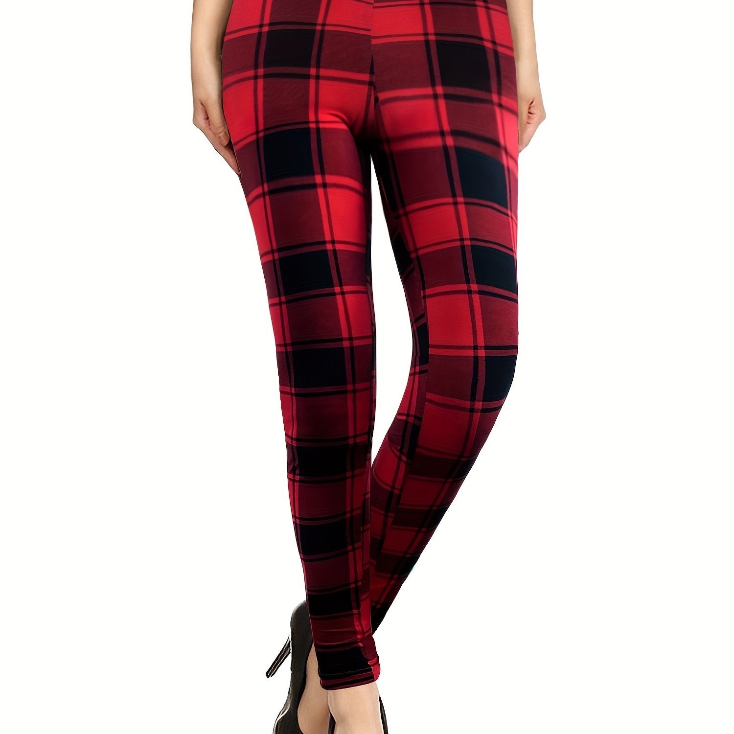 Plaid Pattern High Waist Skinny Leggings Casual Stretchy Leggings