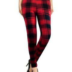 Plaid Pattern High Waist Skinny Leggings Casual Stretchy Leggings