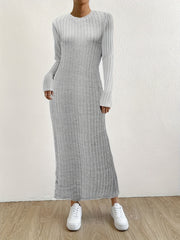 Solid Ribbed Dress Casual Crew Neck Long Sleeve Dress Women's Clothing