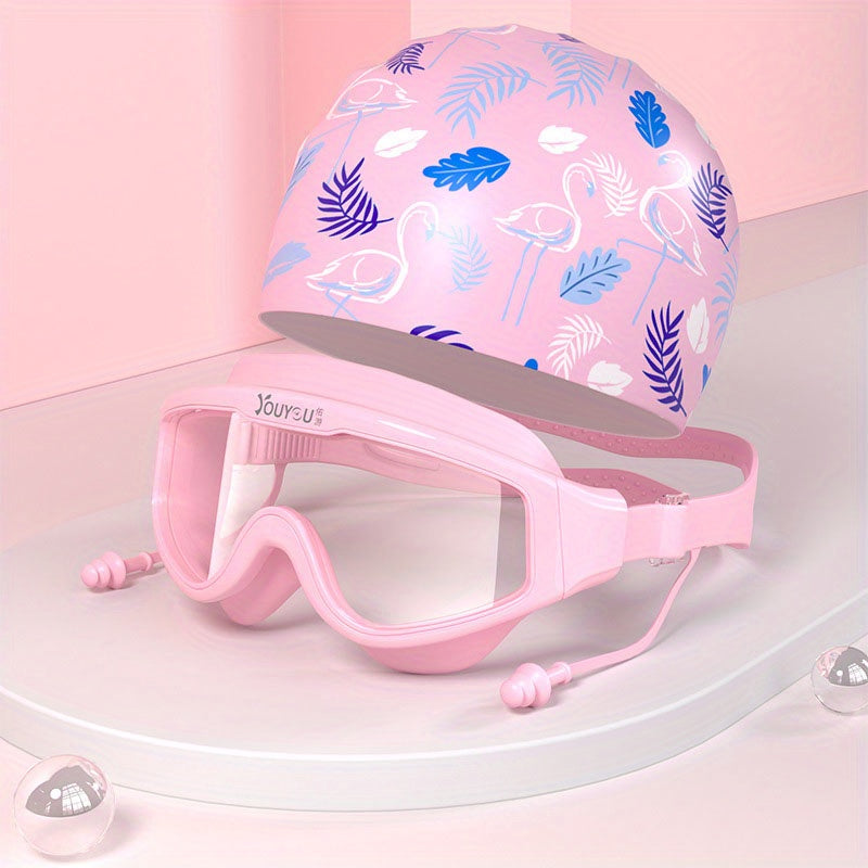 Animal Print Swimming Glasses Set with Swim Cap - Anti-fog Goggles and Hat Combo
