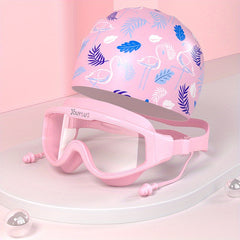 Animal Print Swimming Glasses Set with Swim Cap - Anti-fog Goggles and Hat Combo