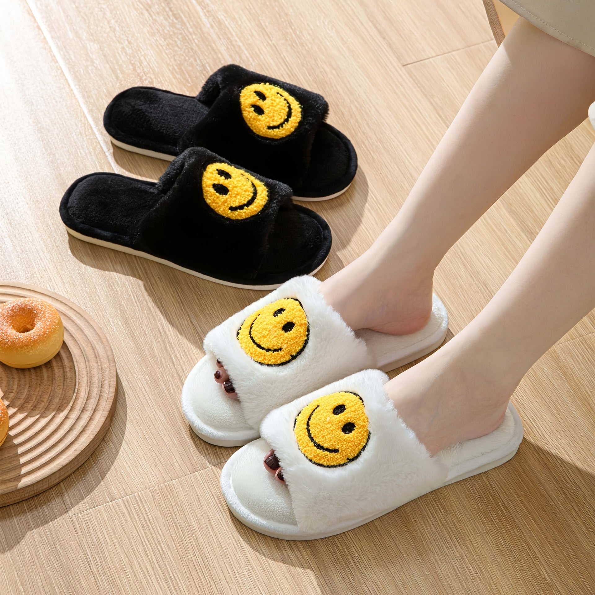 Smile Face Plush Slippers Open Toe Cozy Slip On Flat Fuzzy Shoes