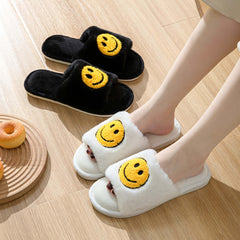 Smile Face Plush Slippers Open Toe Cozy Slip On Flat Fuzzy Shoes