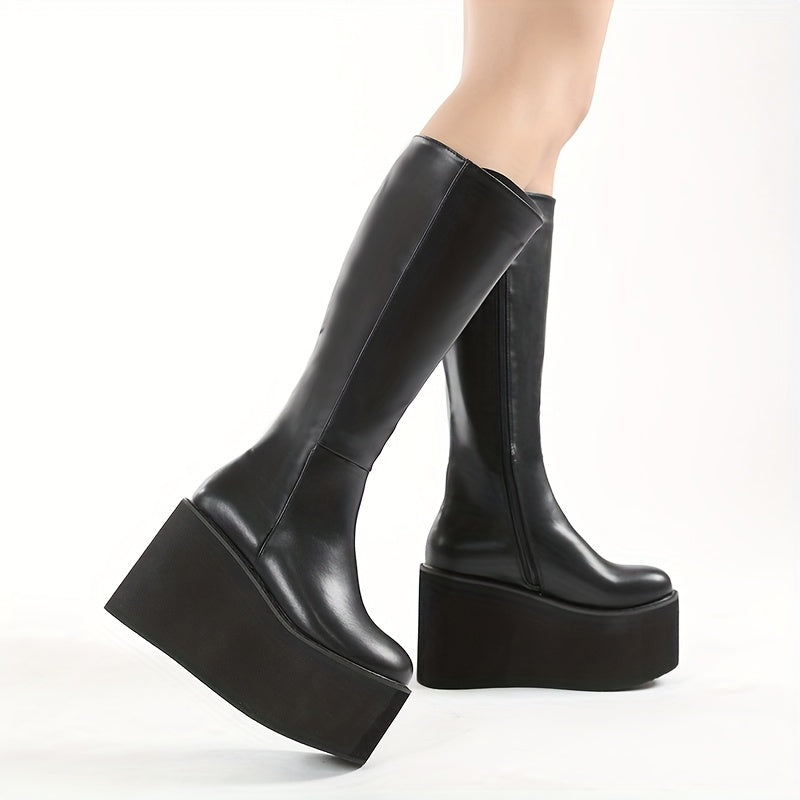 Women's Wedge Heel Platform Boots Round Toe Side Zip Faux Leather