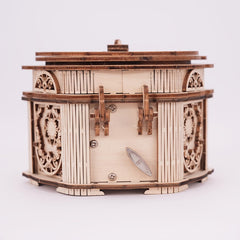 Vintage 3D Puzzle Music Box Layered Mechanical Intricate Carvings Beige Wooden