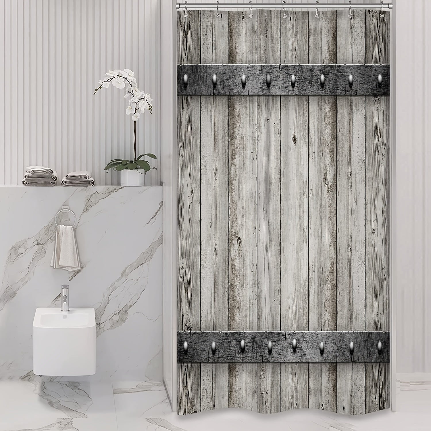 Rustic Farmhouse Shower Curtain with Barn Door Design