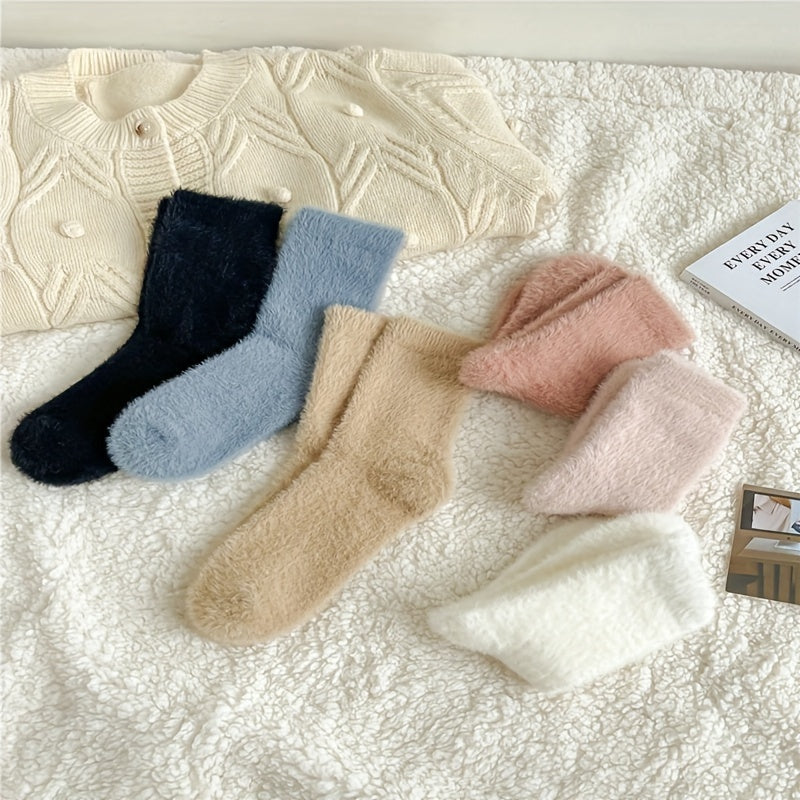 6 Pairs Cozy Fuzzy Warm Women's Socks Solid Soft Stockings Hosiery