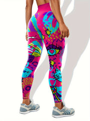 Graffiti Print Yoga Pants Tummy Control Sports Trouser