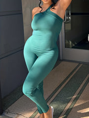 One Shoulder Ribbed Knitting Catsuit for Women
