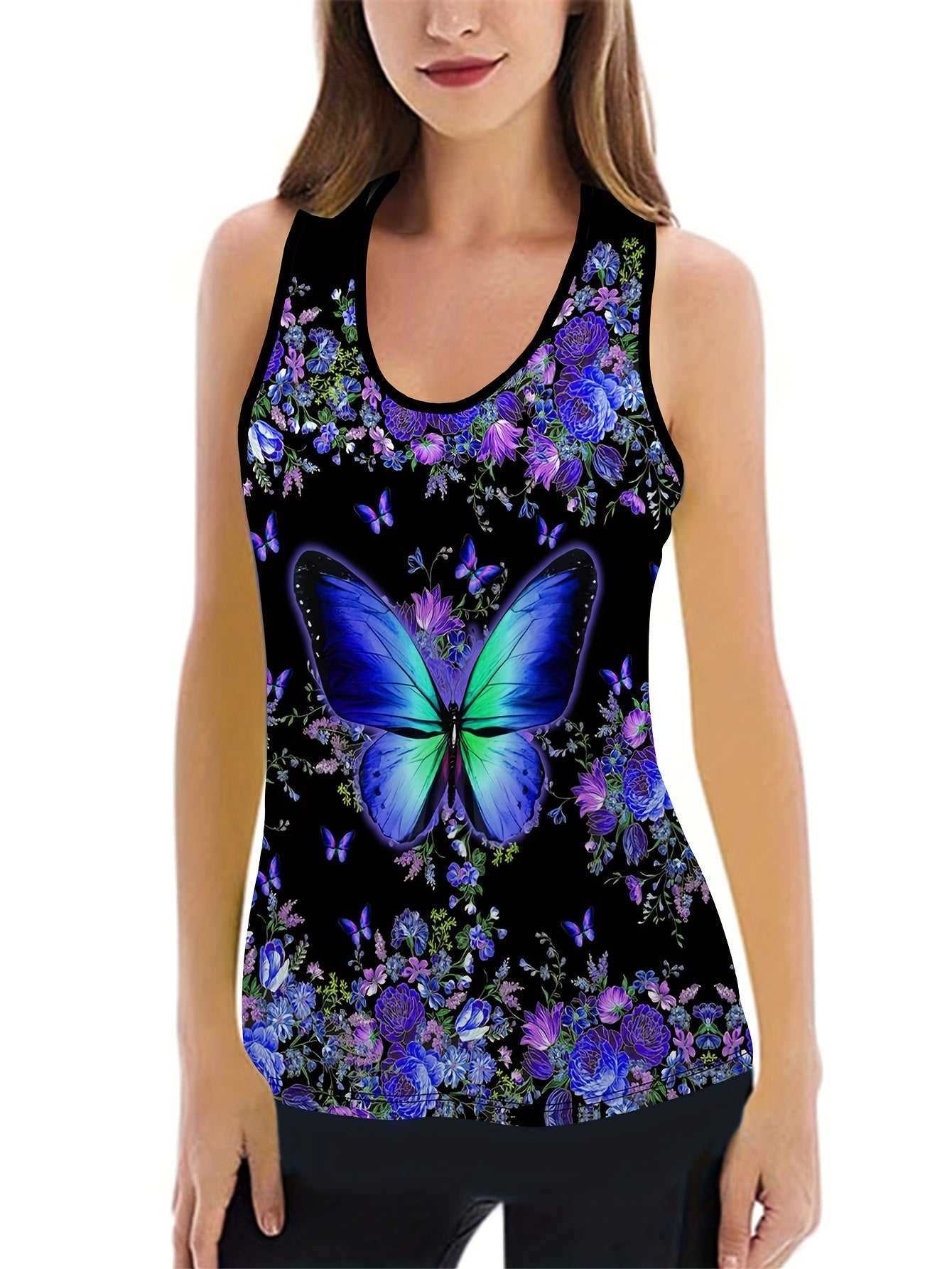 Women's Plus Floral & Butterfly Print Racer Back Tank Top & Leggings Set