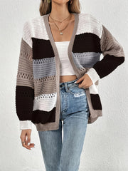 Cut Out Block Knit Cardigan Long Sleeve Sweater