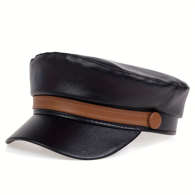 Vintage PU Leather Beret Cap Block Berets Women Punk Octagonal Hats Painter Cap