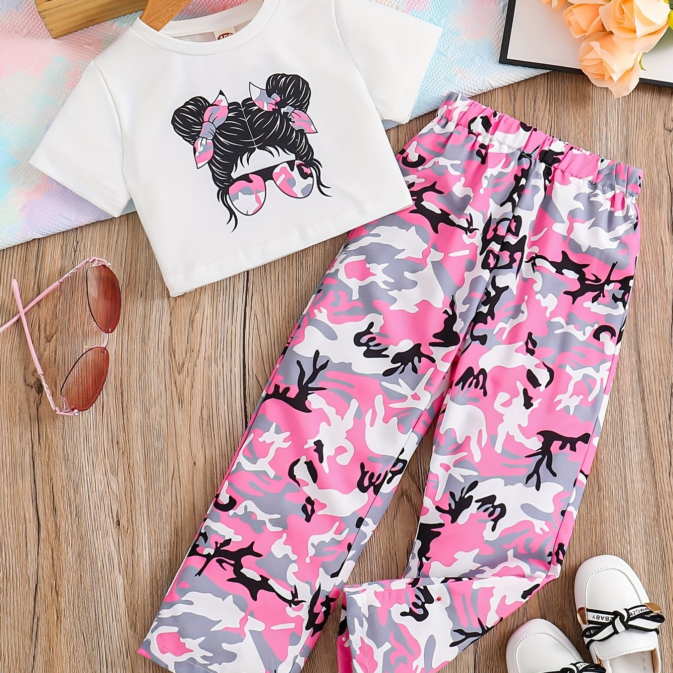 Girl's Camo 2pcs T shirt & Sweatpants Set Anime Girl Print
