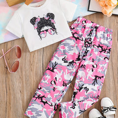 Girl's Camo 2pcs T shirt & Sweatpants Set Anime Girl Print