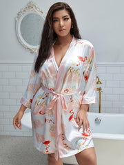 Flamingo Print Satin Nightgown Plus Size Women's Sleepwear Robe