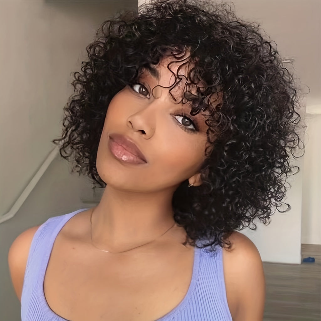 Double Drawn Glueless Short Kinky Curly Wig 220 Density Bob Human Hair Wig