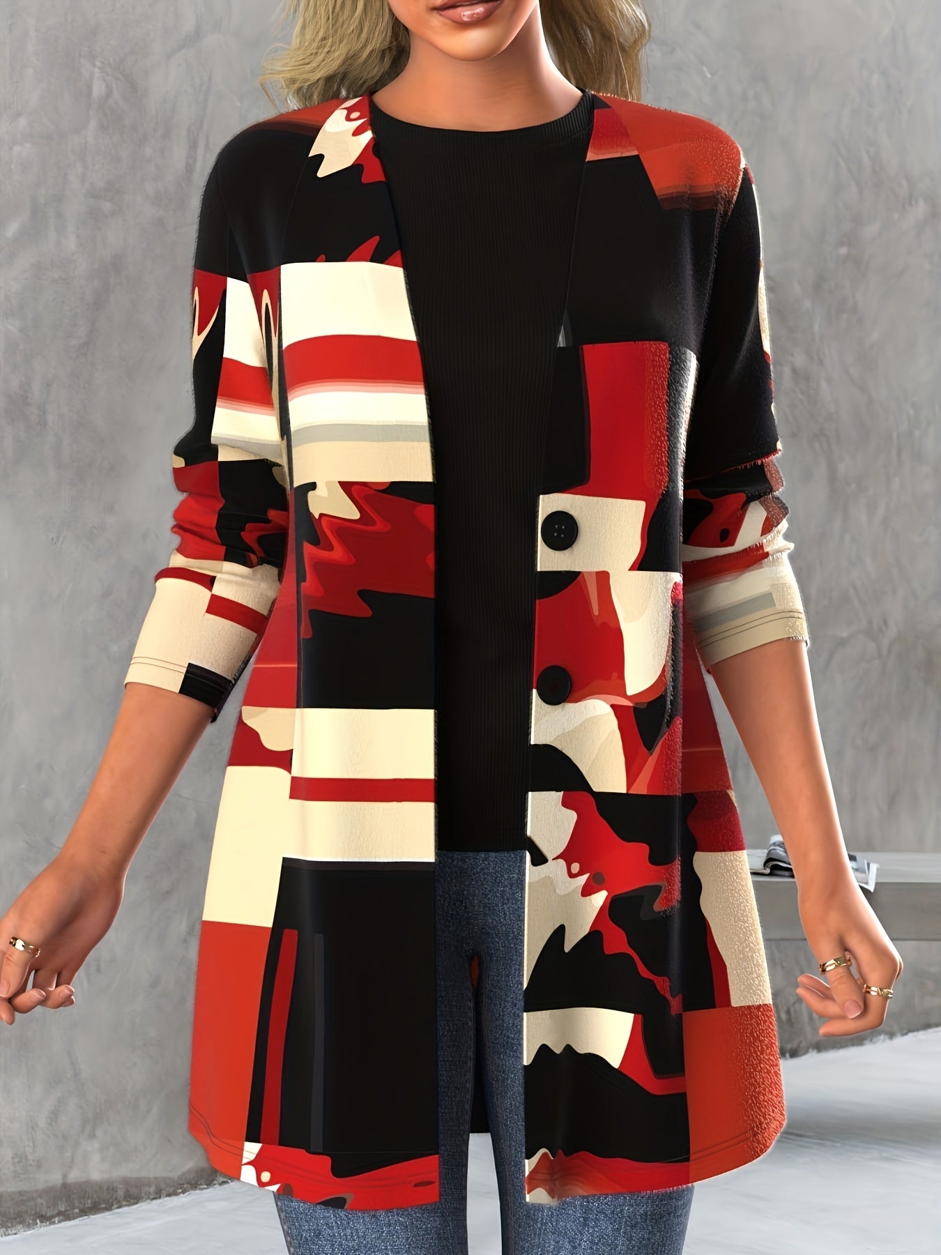 Geo Print Button Front Cardigan Long Sleeve Women's Clothing