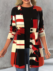 Geo Print Button Front Cardigan Long Sleeve Women's Clothing