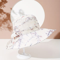 Plum Blossom Print Sun Hat Bow Decor Bucket Hat Wide Brim Travel Beach