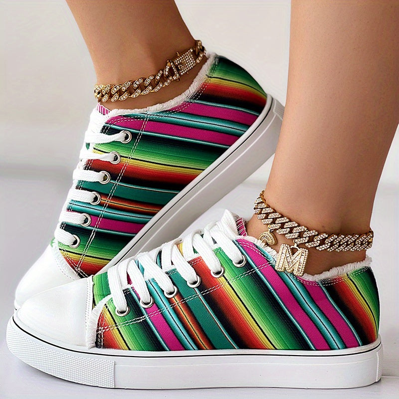 Colorful Strip Print Sneakers Low Top Lace Up Canvas Shoes