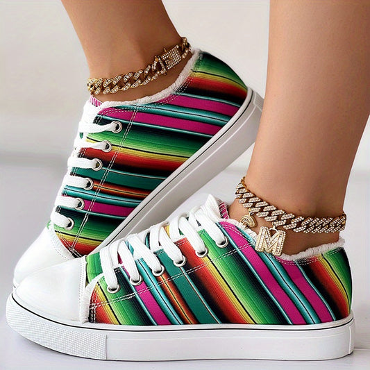 Colorful Strip Print Sneakers Low Top Lace Up Canvas Shoes